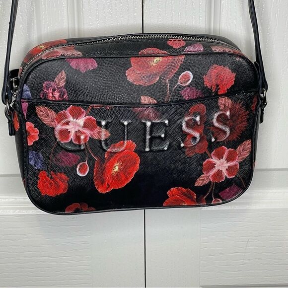 Guess Floral Embossed Crossbody Black Pink Red White - Picture 4 of 15